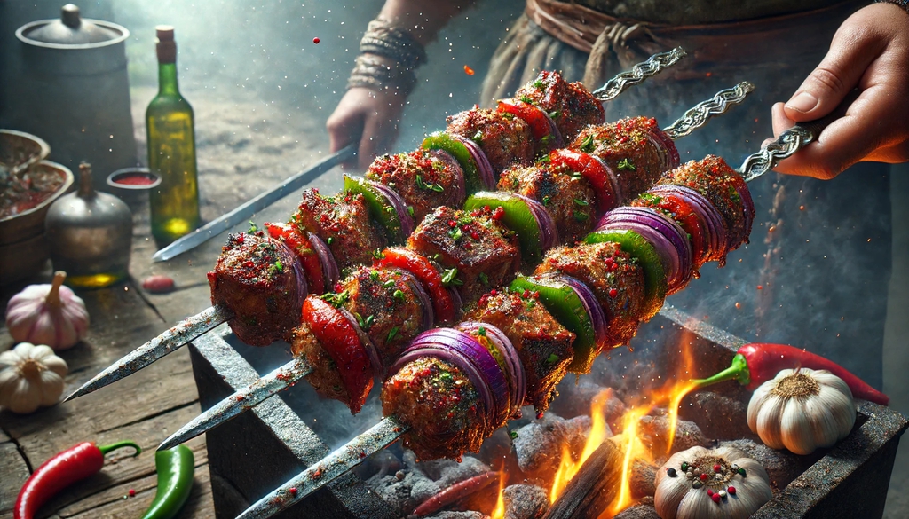 Served Orc's Spicy Meat Skewers with sides