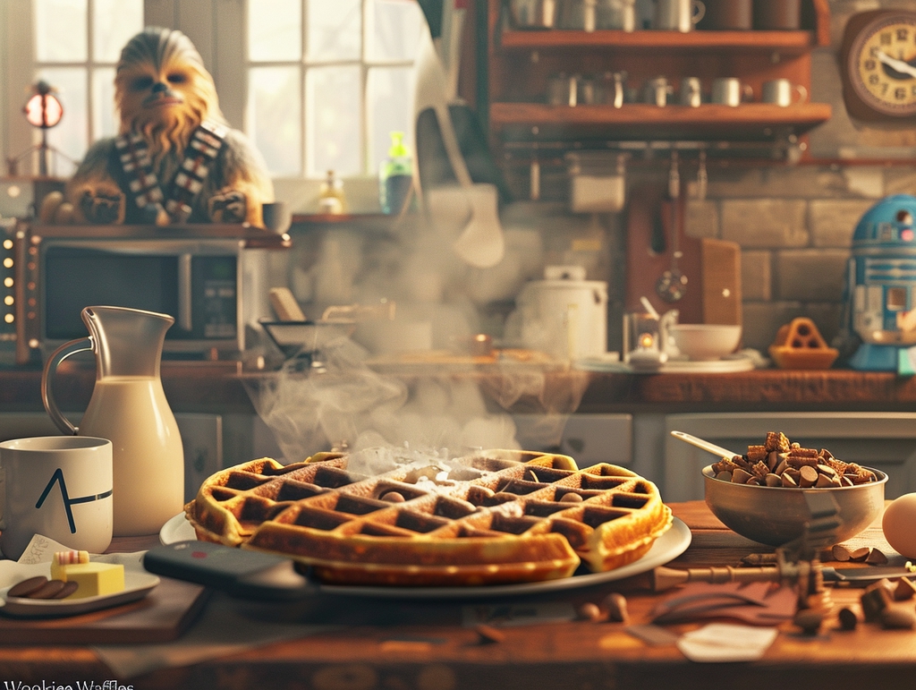 Served Wookiee Waffles with syrup and chocolate chips